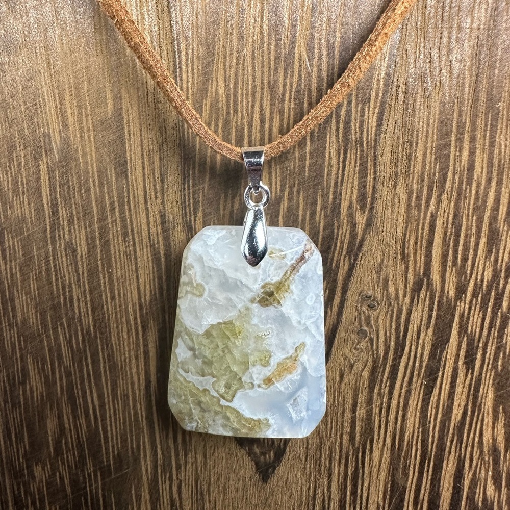 Moss Agate Pendant Necklace on Brown Faux Suede